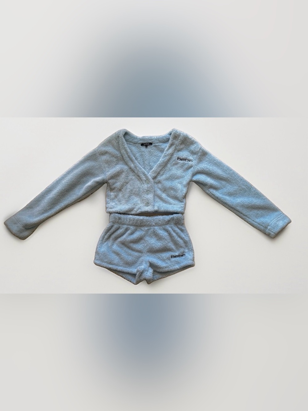 bebe Baby Blue Fuzzy Fleece Cardigan & Shorts Lounge Set S NWT